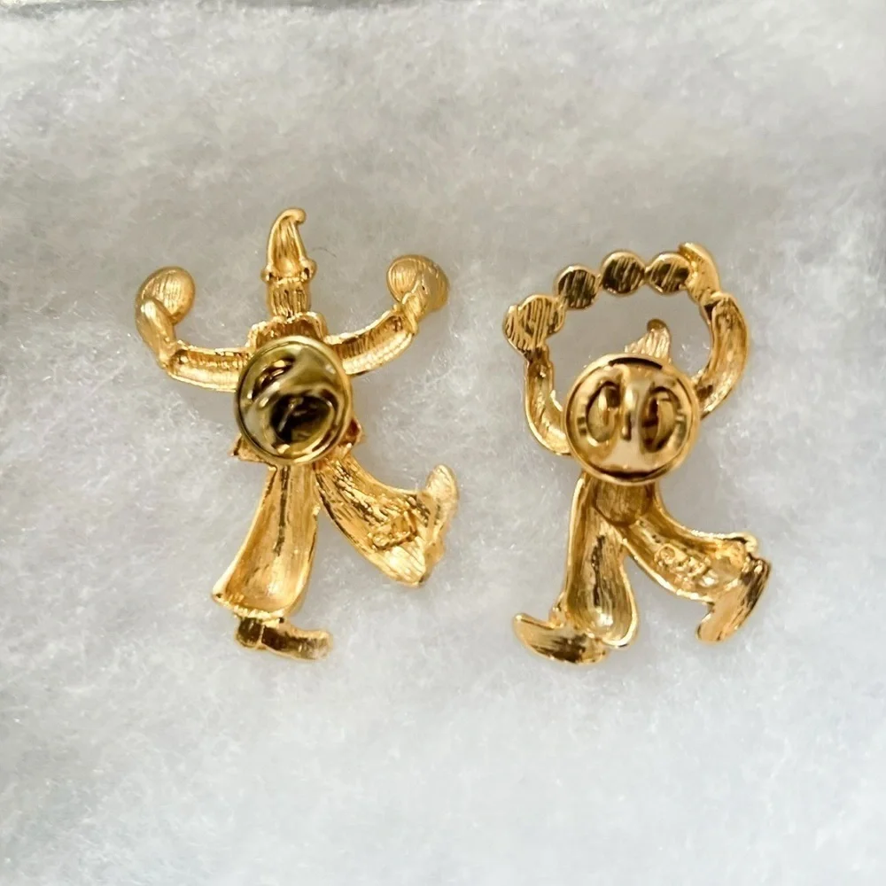 Two JJ Jonette Signed Clown Gold Tone Pins Juggling Cymbals